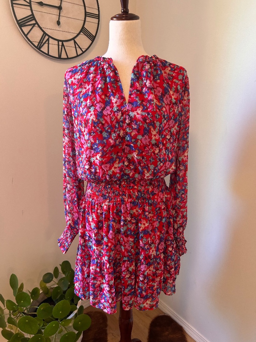 Super Cute Chelsea28 Nordstrom Red Floral Smocked Waist Tiered Minidress Medium